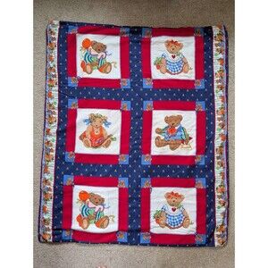 Vintage Teddy Bear Crib Quilt Baby Nursery Decor Country Handmade Throw Blanket